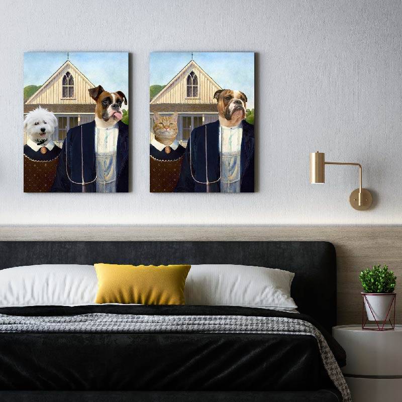 American gothic pet portrait custom pet painting canvas 2 pets