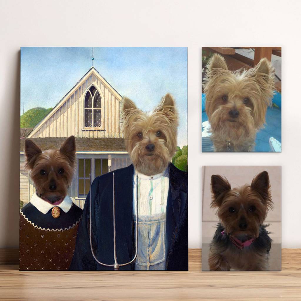 American gothic pet portrait custom pet painting canvas 2 pets