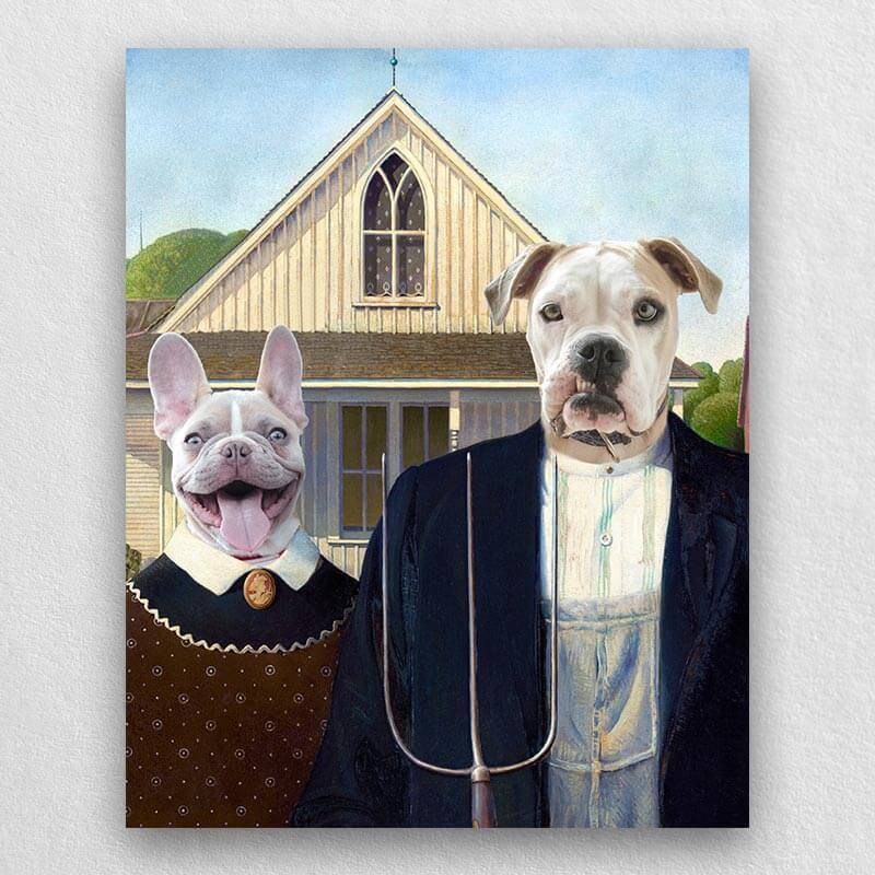 American gothic pet portrait custom pet painting canvas 2 pets