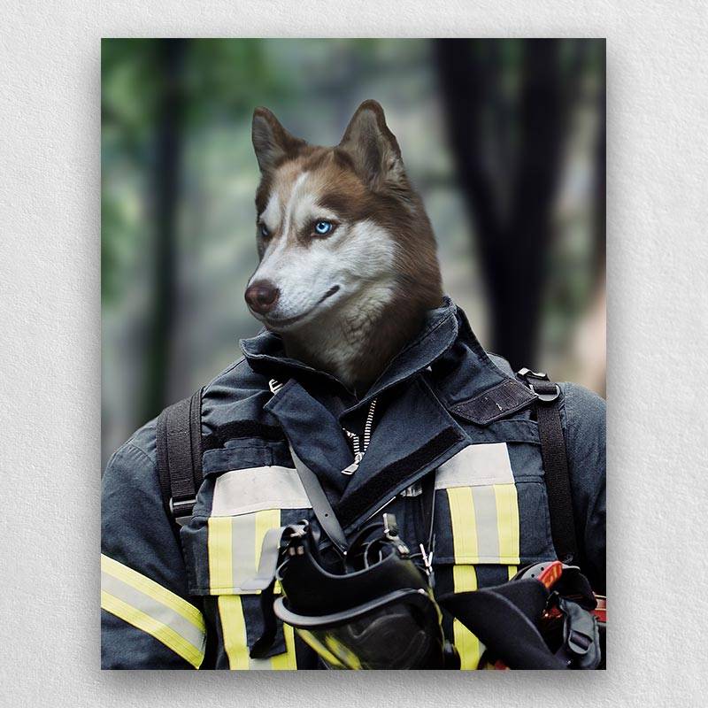 Firefighter Dog Portrait Pets Face On Painting