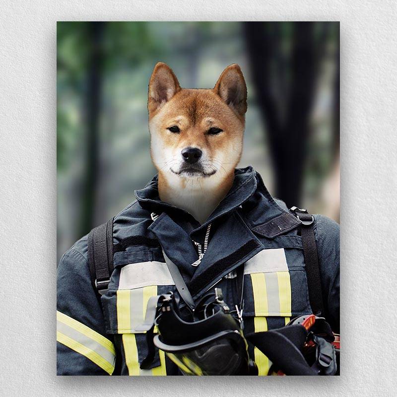 Firefighter Dog Portrait Pets Face On Painting