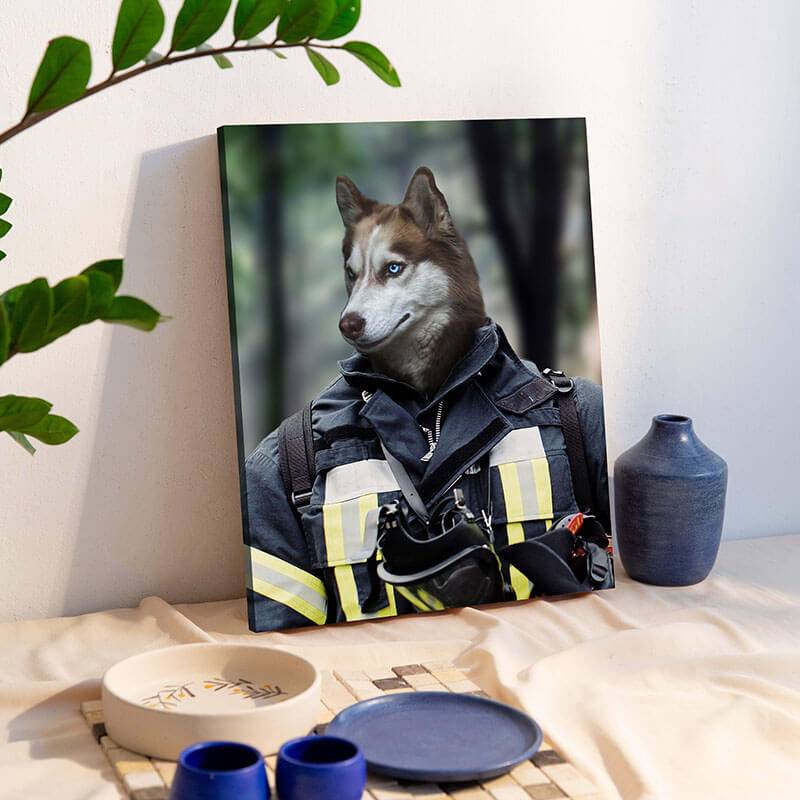 Firefighter Dog Portrait Pets Face On Painting