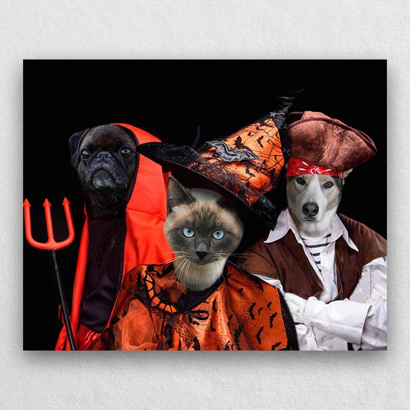 Portrait Of Pets In Halloween Costume Combination