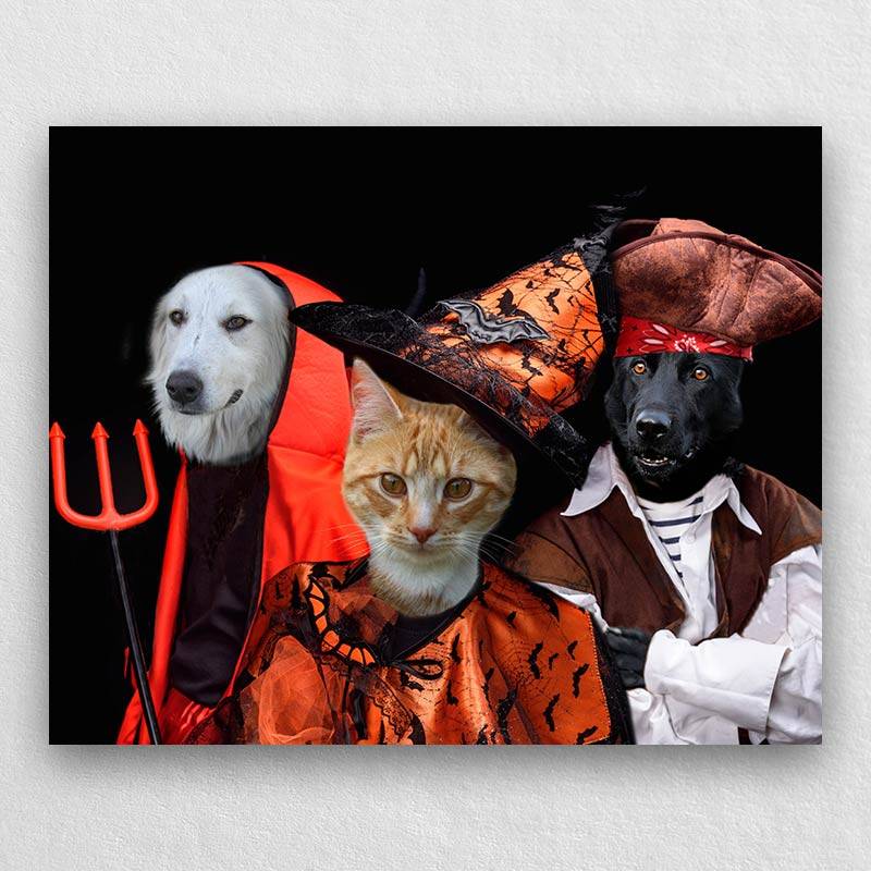 Portrait Of Pets In Halloween Costume Combination