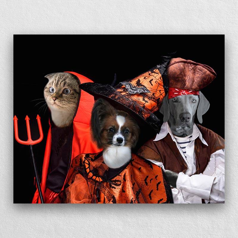 Portrait Of Pets In Halloween Costume Combination