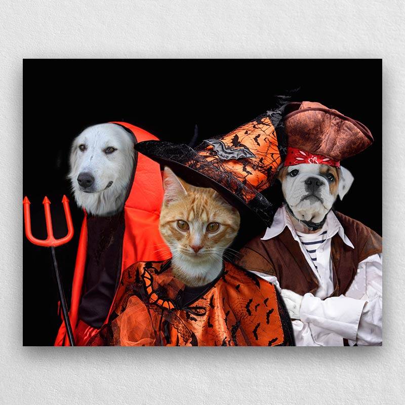 Portrait Of Pets In Halloween Costume Combination