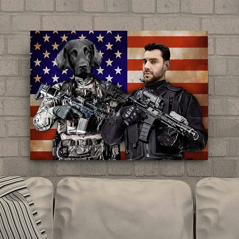 Soldiers Pet Owner Portraits Man And Dog Painting