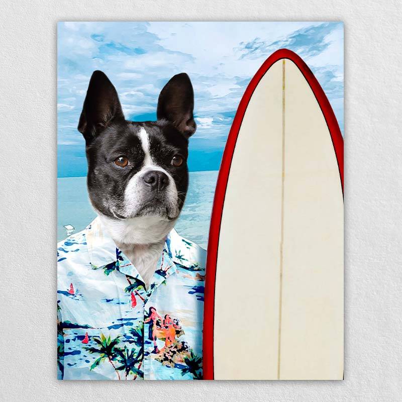 Surfing Funny Dog Canvas Wall Art