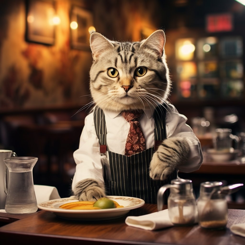 Hospitable Waiter Weird Cat Art Picture