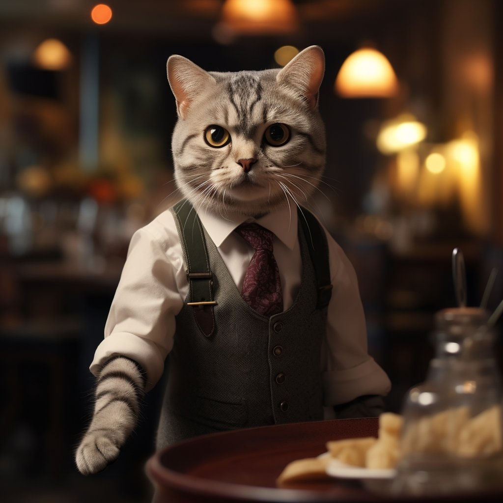 Diligent Waiter Cat Head Art Picture