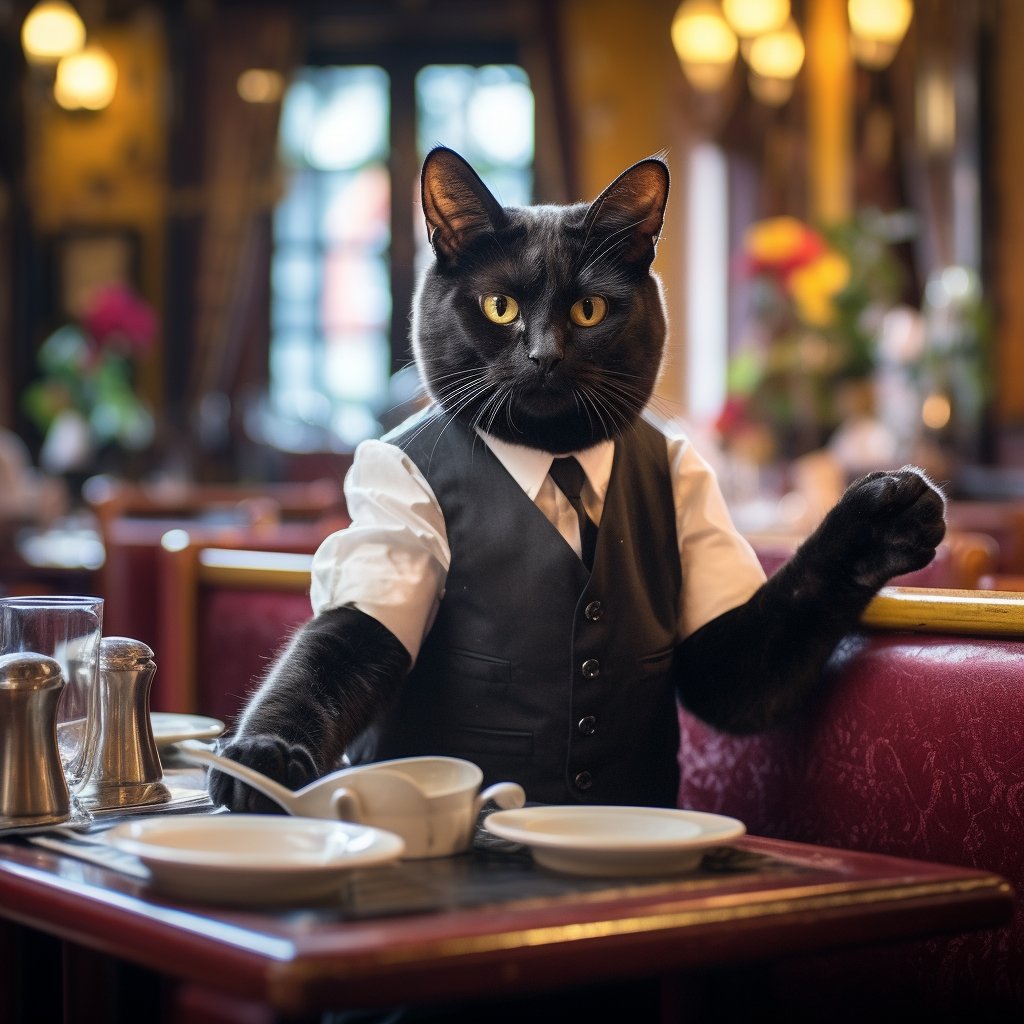 Attentive Service Waiter Old Cat Art Picture