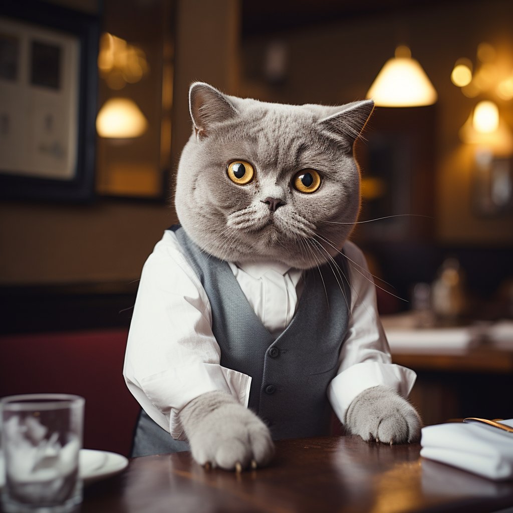 Courteous Service Waiter Cat People Art Picture