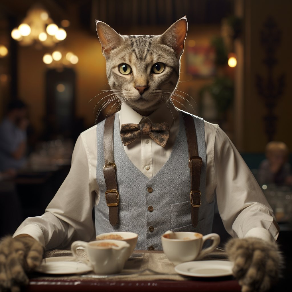 Attentive Dining Waiter Cat Man Art Picture