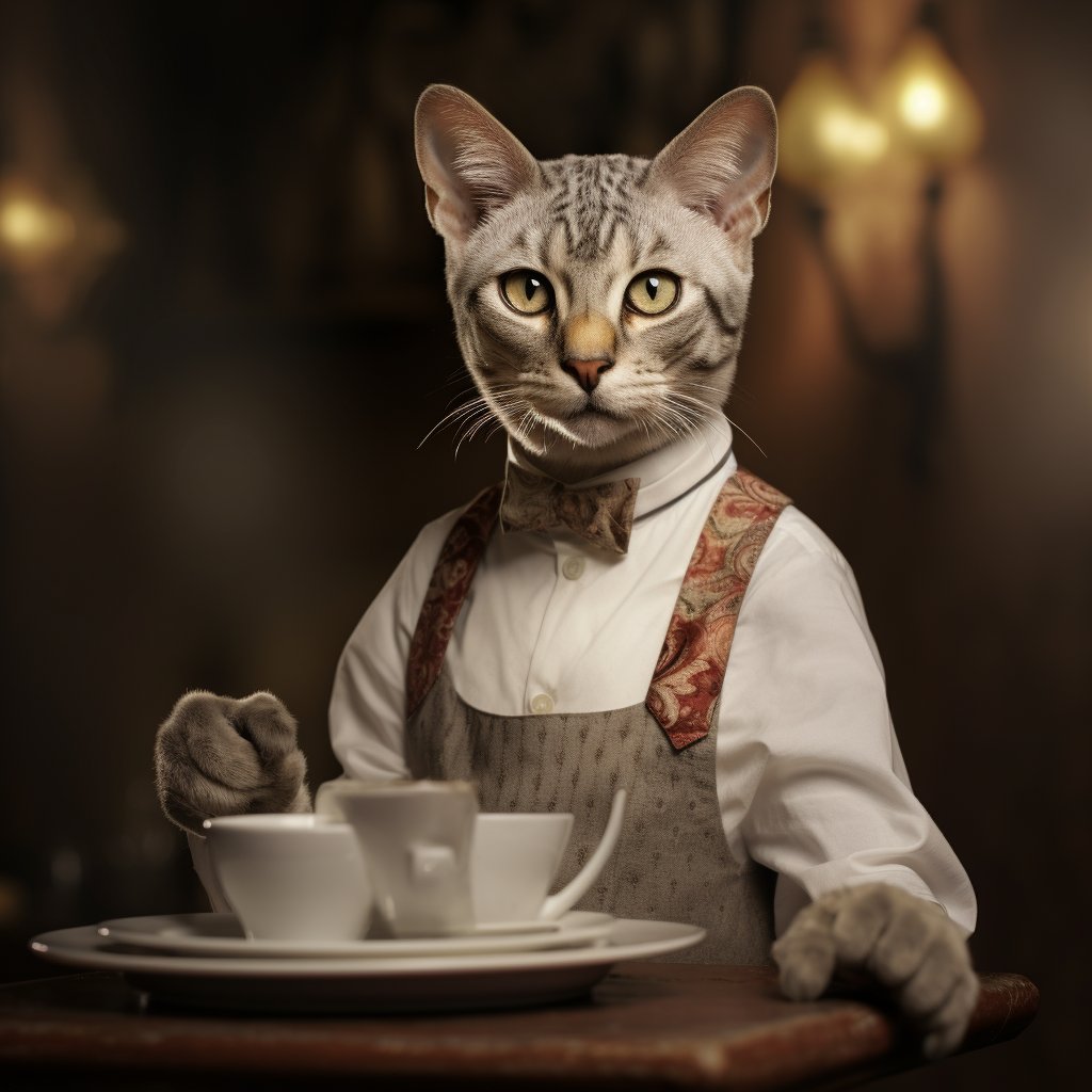 Friendly Dining Waiter Art Picture Cat Cute