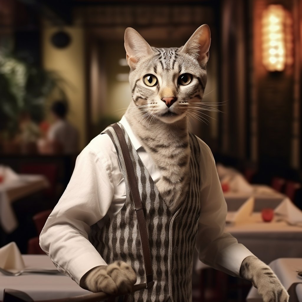 Dedicated Dining Waiter Cat Funny Art Picture