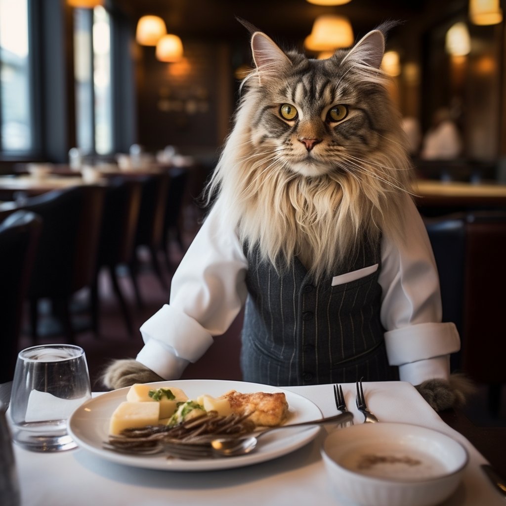 Professional Dining Waiter Cat Contemporary Art Picture