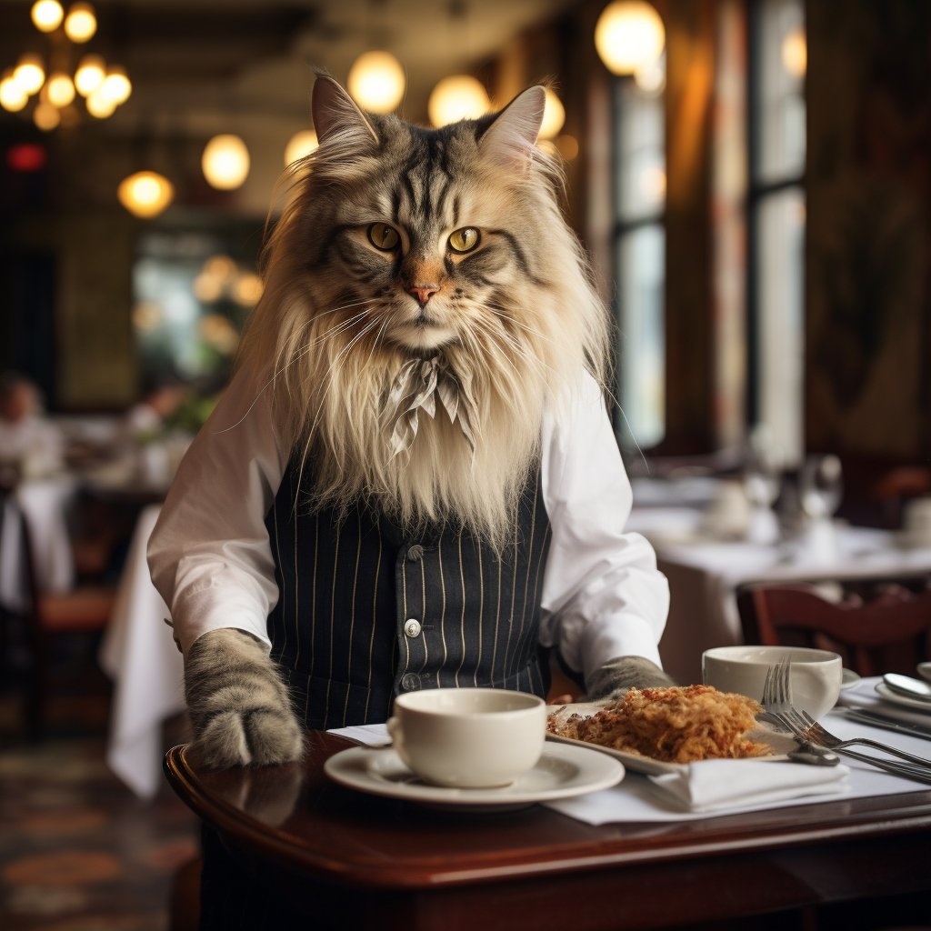 Hospitable Dining Waiter Unique Cat Art Picture