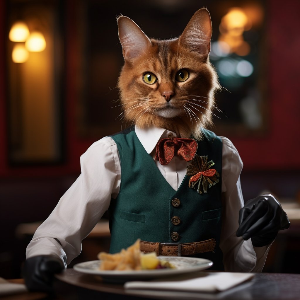 Smiling Waitstaff Whimsical Cat Art Pic