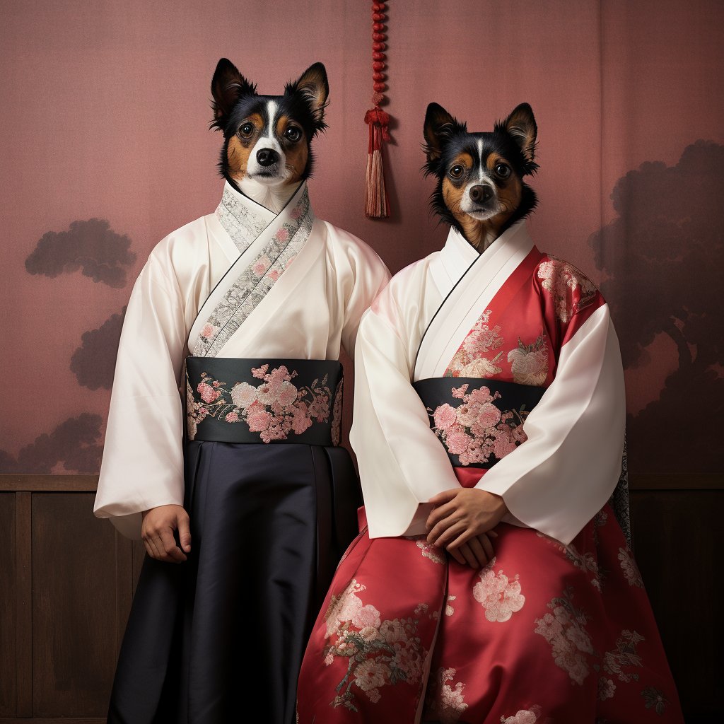 Vibrant Canine Splendor: Acrylic Dog Portrait in Japanese Attire